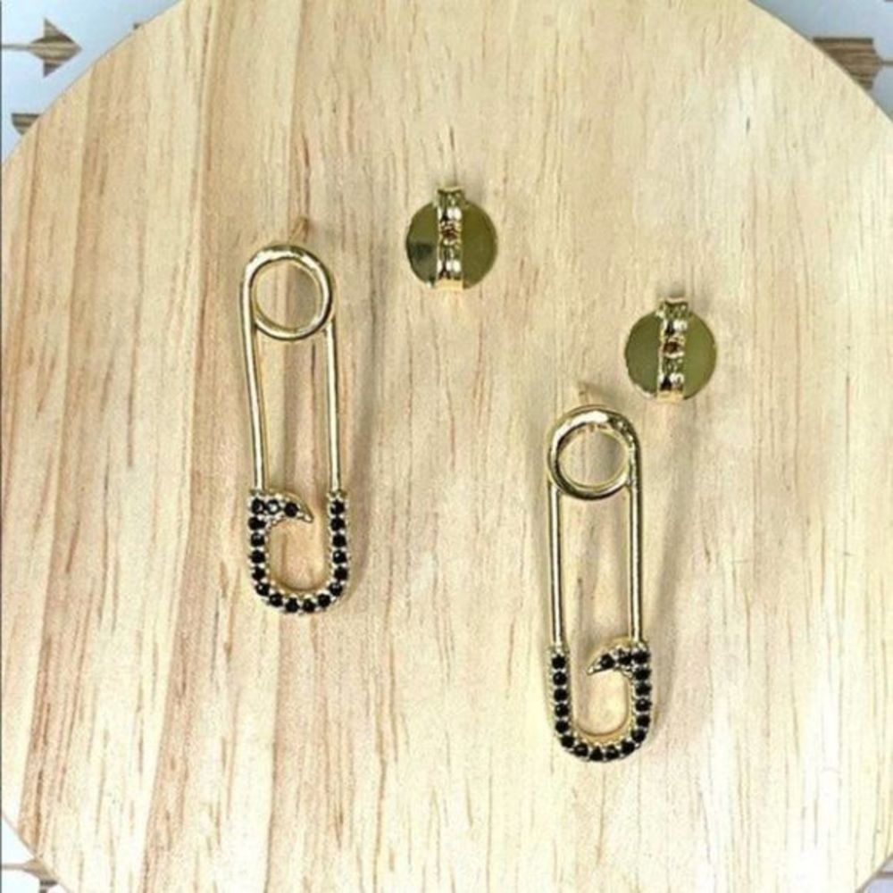 Gold Filled Color CZ Safety Pin Earrings - Picture 4 of 4